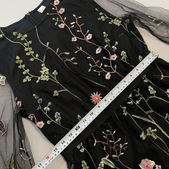 ~ Lg Floral Boho Sheer Dress Botanical Black Flowers Long Sleeve Bohemian Knee - Picture 8 of 14